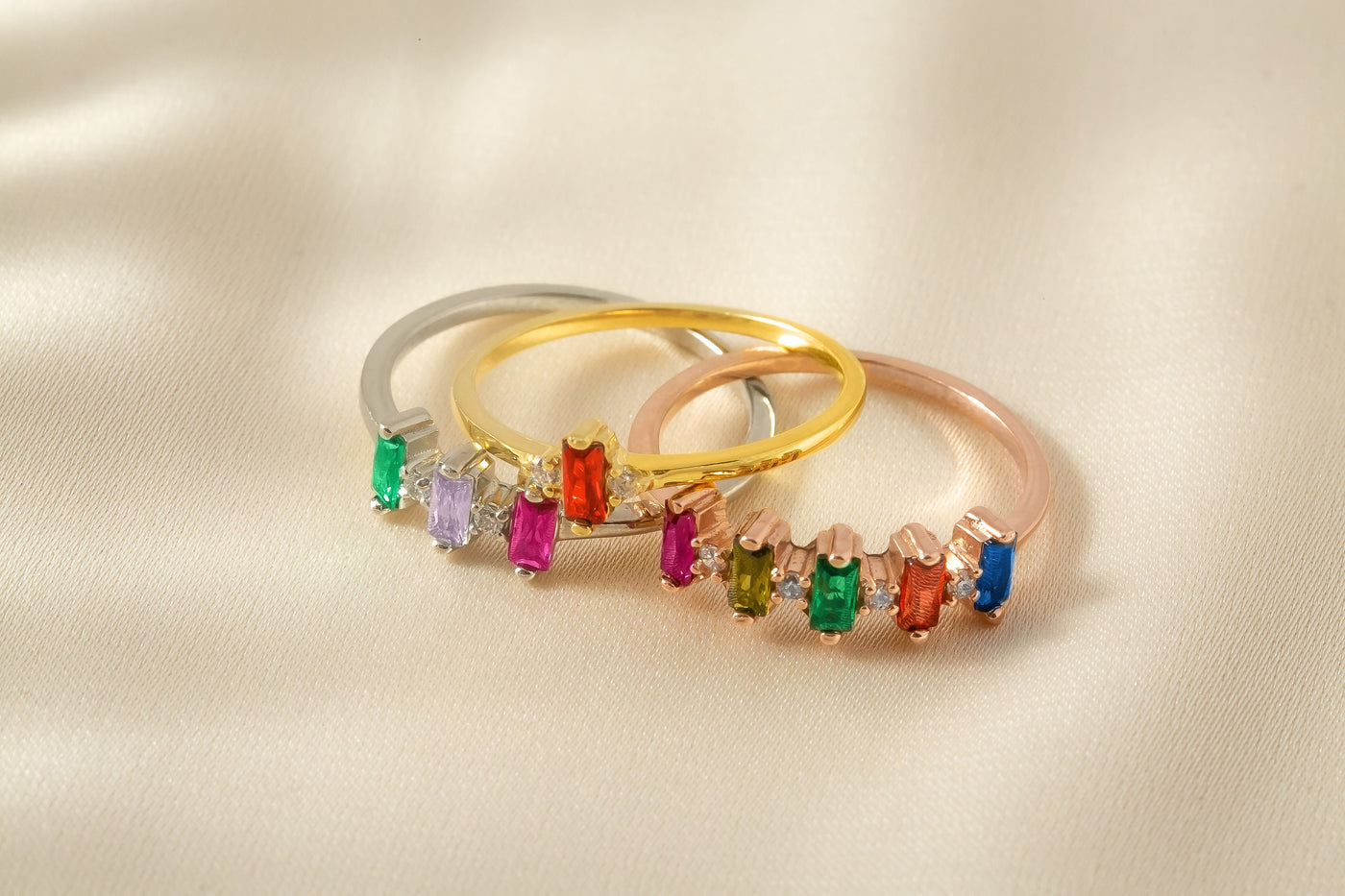 Baguette Birthstone and Diamond Accent Alternating Ring