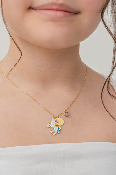 Unicorn Initial Birthstone Necklace • Children Unicorn Necklace • Personalised Initial Necklace • Birthstone Initial Pendant - Glamoristic